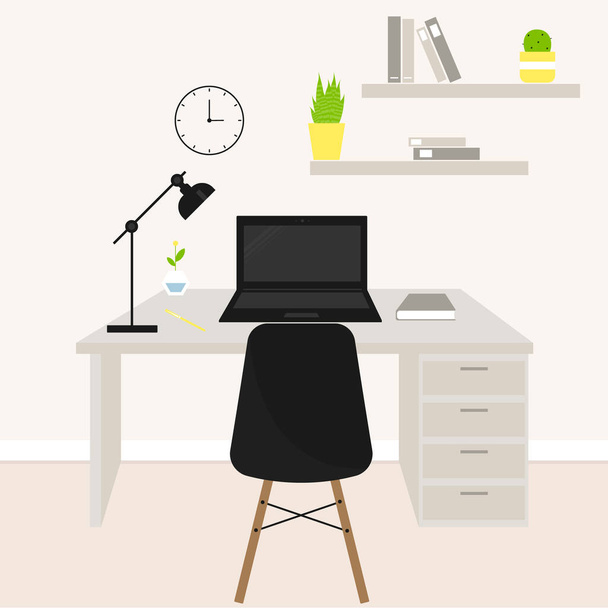 Cozy workplace at home.Vector flat modern minimalistic workplace with desk,laptop,plants,desk lamp and clock on the wall in warm pastel colors.Home office.Cozy workspace. - Вектор,изображение