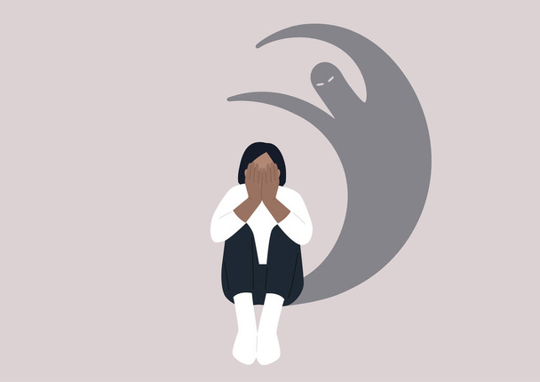 A young female Caucasian character covering their face with hands, a desperate situation, racism, stress and anxiety, mental health issues - Vector, Image