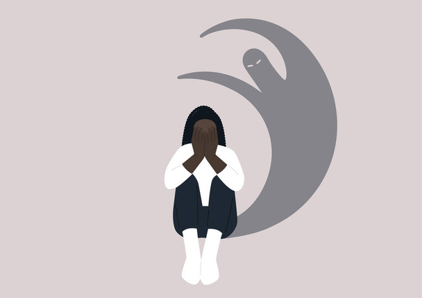 A young female African character covering their face with hands, a desperate situation, racism, stress and anxiety, mental health issues - Vector, Image