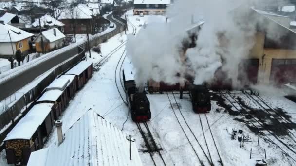 Veduta aerea drone del treno a vapore avvolto Mocanita alla stazione ferroviaria in inverno, neve, Viseu de Sus, Romania - Filmati, video