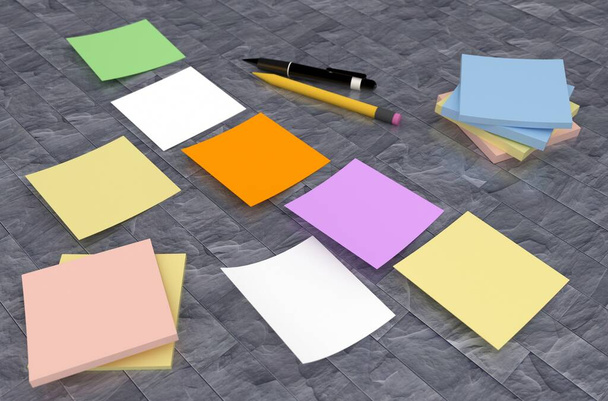 Adhesive Notes on the table with pen and pencil - 3D illustration - Photo, image