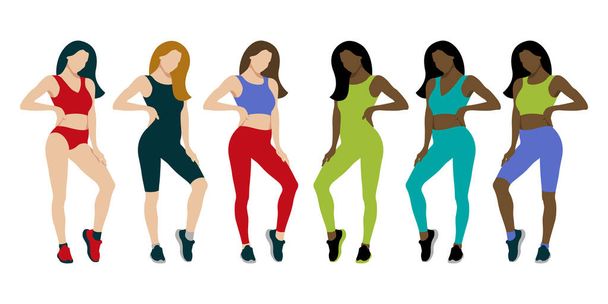 Chicas de fitness. Modelo de chicas posando en ropa deportiva. Diseño plano. Ilustración vectorial sobre fondo blanco - Vector, imagen