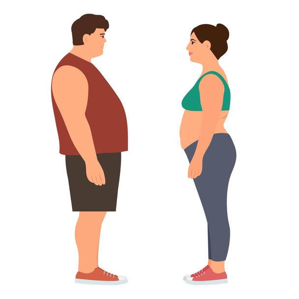 Uomo e donna di profilo con sovrappeso. Problemi con l'eccesso di peso. Il concetto di cattive abitudini alimentari, gola, obesità e alimentazione malsana. Illustrazione vettoriale - Vettoriali, immagini