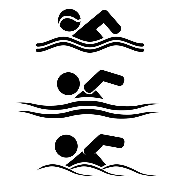 Set de iconos gráficos para hombre nadando. Información sobre el agua de baño de verano. Ilustración del elemento de diseño del logotipo - Vector, imagen