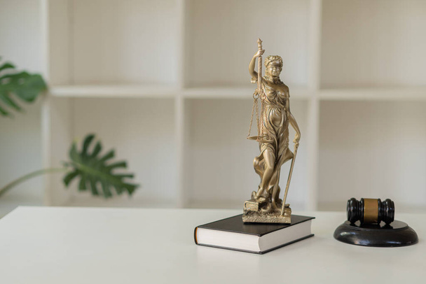 Deusa da Justiça - Juíza ou Eustitia símbolos da lei romana são colocados em peles de tigre e martelos são colocados ao lado deles no escritório. - Foto, Imagem