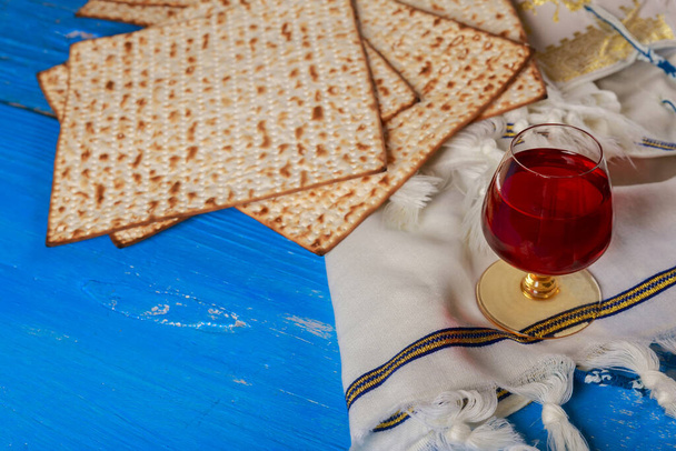 Jewish Passover holiday traditional celebration matza unleavened bread and cup kosher wine - Photo, Image