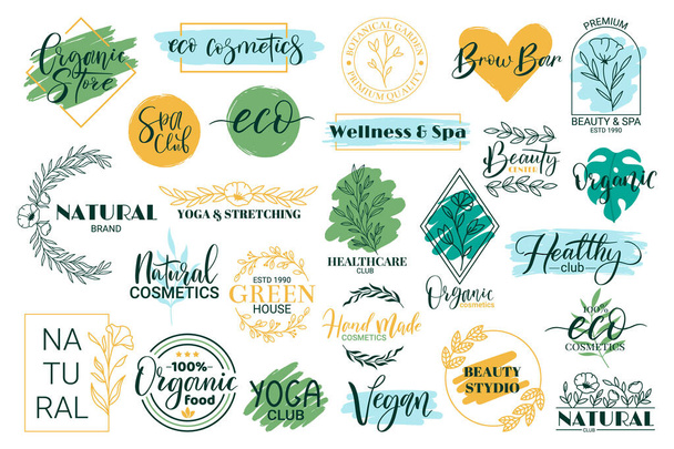 Healthy, beauty, spa and yoga lettering quotes. Hand drawn logos for organic cosmetics products vector illustration set. Spa and wellness lettering elements - Vector, Image