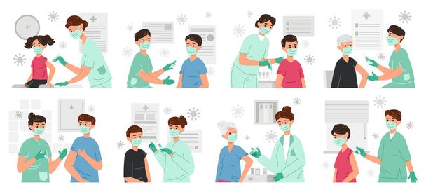 People get covid-19 vaccine, virus protection and immunisation. Male and female characters get corona virus vaccine vector illustration set. Nurses with syringe - Vector, Image