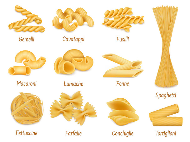 Realistiset pastatyypit, farfalle, spagetti ja penne makaroni. Italialainen ruokalaji, kuiva orgaaninen pasta vektori kuvitussarja. Makaronivalmisteet - Vektori, kuva