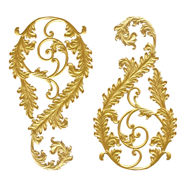 Элементы орнамента, винтажные золотые цветочные композиции на белом фоне или текстуре - Фото, изображение