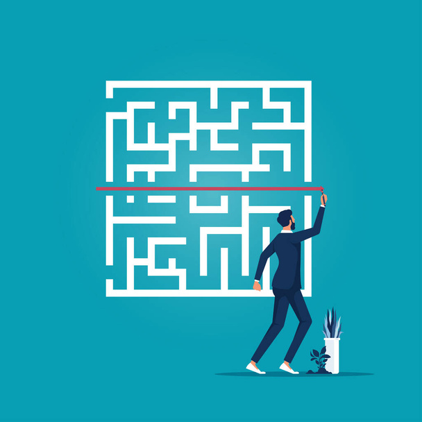 Businessman drawing arrow line breaking through the maze, solving business problem to success concep - Vector, Image