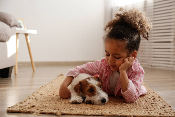 Little black girl playing with her friend, the adorable wire haired Jack Russel terrier puppy at home. Preschooler with rough coated pup lying on the floor. Interior background, close up, copy space. - Fotografie, Obrázek