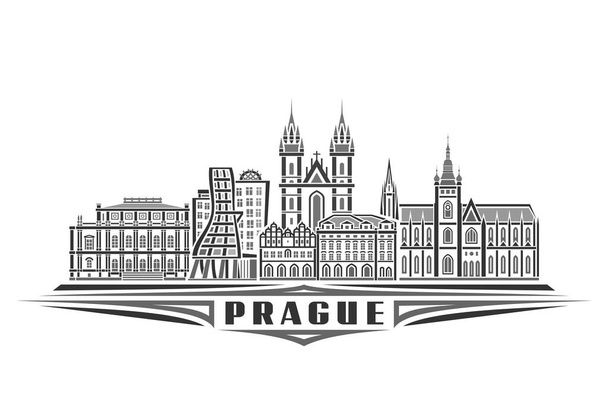 Prag 'ın vektör illüstrasyonu, tek renkli yatay poster, doğrusal tasarım ünlü Prag şehir manzarası, şehir çizgisi sanat konsepti, beyaz arka planda siyah kelime Prag' ı için dekoratif harflerle. - Vektör, Görsel