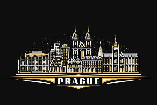 Prag 'ın vektör illüstrasyonu, doğrusal tasarımı olan karanlık yatay poster alacakaranlık gökyüzü arka planında ünlü Prag şehir manzarası, Avrupa kentsel çizgisi sanat konsepti kelime Prag için dekoratif harflerle. - Vektör, Görsel