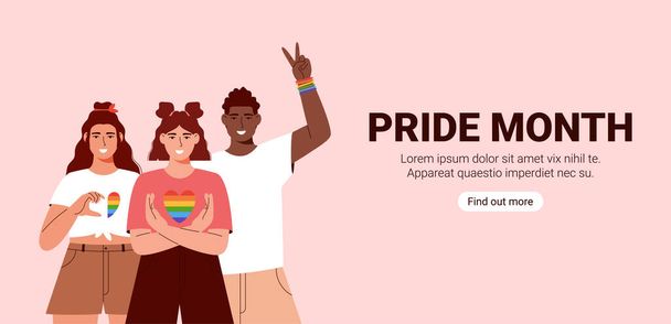 El mes del orgullo LGBT. Diversas personas que muestran apoyo a la comunidad lgbt. Juventud multicultural Lgbt. Celebración del mes del orgullo contra la violencia, la discriminación, los derechos humanos. Página de aterrizaje - Vector, Imagen
