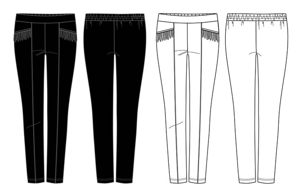 Vector slim fit pants fashion CAD, woman high waist leggings with fringe trim technical drawing, legging fashion flat, sketch, template. Leggings with front, back view, black and white color - Vector, Imagen