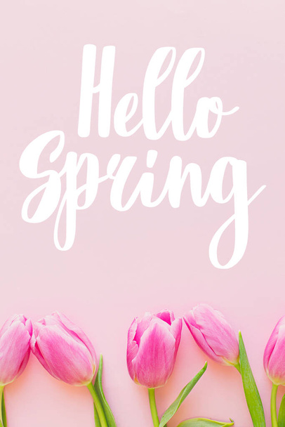Hello Spring text on tulips flat lay on pink background. Stylish greeting card. Handwritten lettering hello spring. Springtime - Foto, imagen