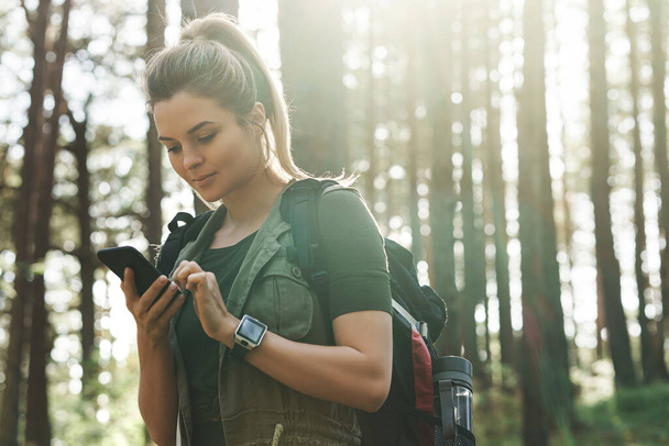 Młoda turystka używa smartfona do nawigacji w zielonym lesie - Zdjęcie, obraz