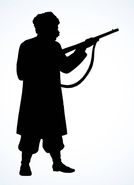 Sport lövés karabély ikon jel design vázlat fekete kézzel húzott biztonsági ölni a cél golyó muskéta támadás. Ősi kor emberi kozák kalap őr katona tüzér vonal művészet stílus fehér szöveges hely - Vektor, kép