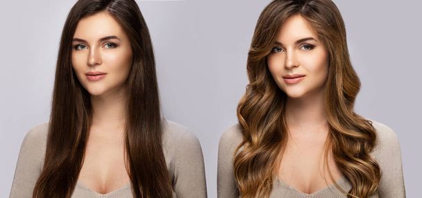 Result of makeover. Young woman happy with her beautiful hair after dyeing and styling in a professional salon. - Foto, imagen