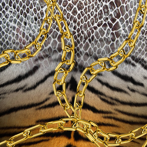 Golden Chains on Mixed Animals Animals Skin Ready for Textile Prints. - Foto, Imagen