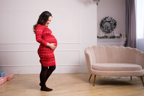 Uma bela mulher morena grávida fica em um quarto com um sofá e acaricia seu estômago, se comunica com o bebê. - Foto, Imagem