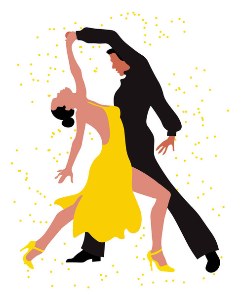 Клип-арт, танцующая пара, мужчина в черном и женщина в жёлтом платье в элегантной позе. Плакат, печать, открытка - Вектор,изображение