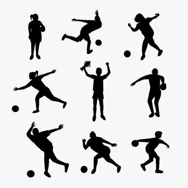 Vector set of men and women dressed in sports apparel playing bowling silhouettes hand drawn illustration - Vector, Image