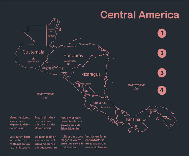 Infografika Közép-Amerika térkép vázlat, lapos design, színes kék vektor - Vektor, kép