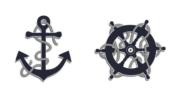 Marine design, nautical icons anchor and rudder with ropes raster - Photo, Image