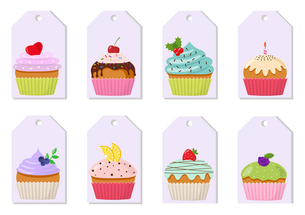 Cupcake mit Sahne und Glasur Preisschilder, Etikettenset - Vektor, Bild