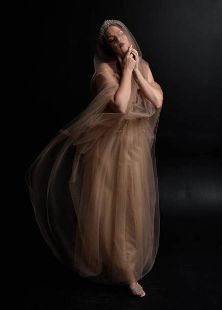  Full length portrait of pretty female model with red hair wearing glamorous fantasy tulle gown and crown.  Posing with a moody dark background. - Φωτογραφία, εικόνα