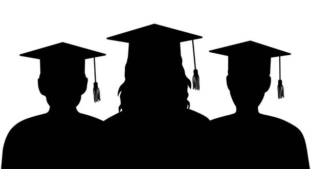 Sylwetki absolwentów w czapkach dyplomowych stoją za sobą. Ilustracja wektora - Wektor, obraz