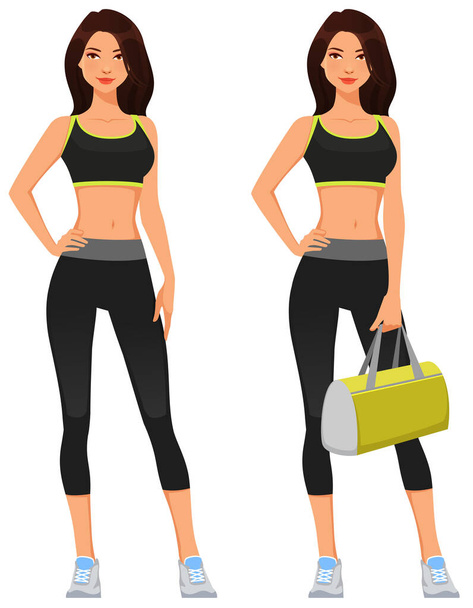 attrayant jeune femme en tenue de fitness, tenant un sac de sport - Vecteur, image