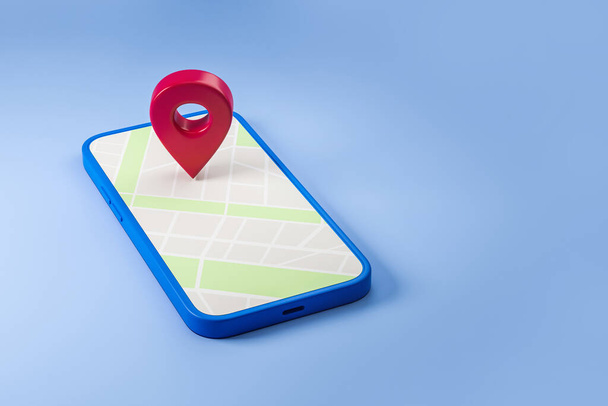 Smartphone with gps map, location pin with city roads, blue background. Concept of mobile app and location. Mockup copy space, 3D rendering - Photo, image