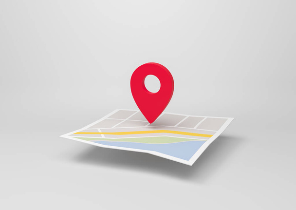 Red location marker and city map on grey background. Folded road navigation map, 3D rendering - Fotoğraf, Görsel