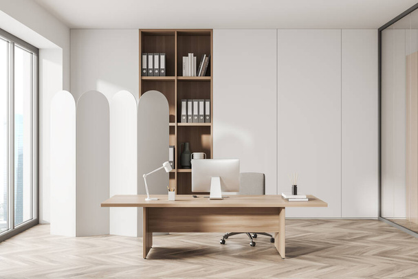 Corner view on bright white office room interior with meeting board, desk with desktop computer, armchair, panoramic windows, hardwood floor. Concept of place for working process. 3d rendering - Zdjęcie, obraz