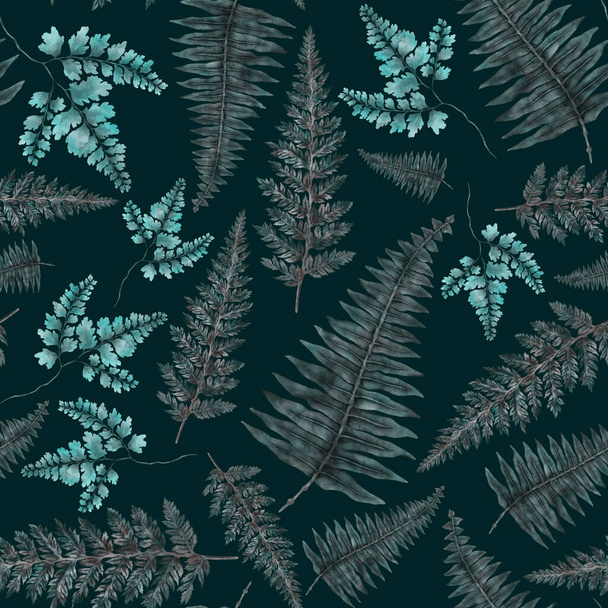 Watercolor seamless pattern with fern leaves. Foliage decoration. Vintage botanical exotic illustration wallpaper. - Foto, imagen