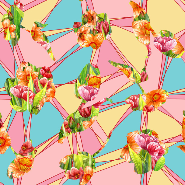 Watercolor pattern, tulips and daffodils, spring trend colors. a seamless pattern. - Foto, Imagem