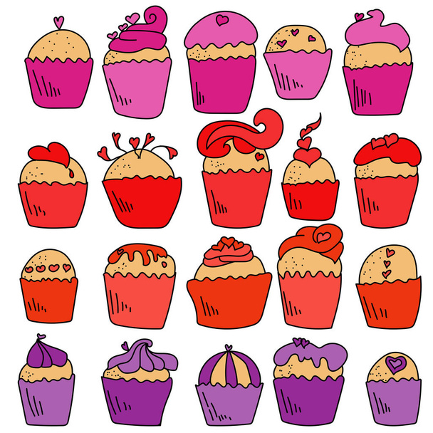 Cupcakes met hartjes, een set colipart muffins met topping voor Valentijnsdag of andere vakantie vector illustratie - Vector, afbeelding