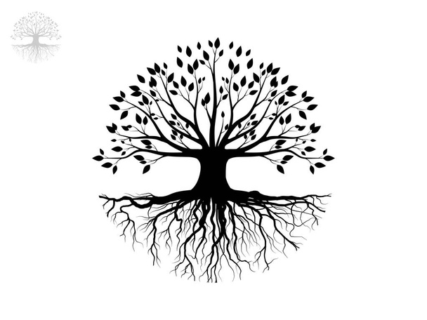 Black Trees and root with leaves look beautiful and refreshing. Tree and roots LOGO style - Vektor, kép