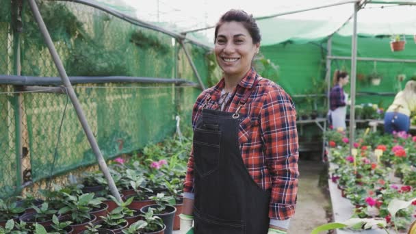 Boldog nő dolgozik növények és virágok kerti bolt - Felvétel, videó