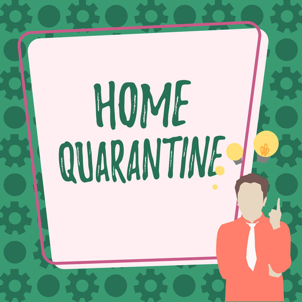 Hand writing sign Home Quarantine. Business idea Encountered a possible exposure from the public for observation Illustration Of A Businessman Standing Coming Up With New Amazing Ideas. - Zdjęcie, obraz