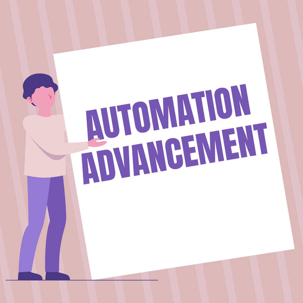Writing displaying text Automation Advancement. Business concept growth use of control systems for operating equipment Man Standing Drawing Holding Presenting Huge Blank Paper. - Photo, Image