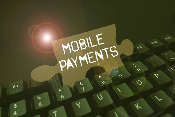 Bildunterschrift: Mobile Payments. Geschäftsidee Finanztransaktion über ein Smartphone verarbeitet Eingabe von Bildbeschreibungen und Schlüsselwörtern, Eingabe neuer Internet-Website - Foto, Bild