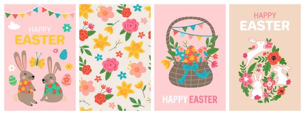 Easter holiday cute greeting cards set with bunny, flowers and Easter eggs. Childish print for cards, stickers and banner - Vecteur, image