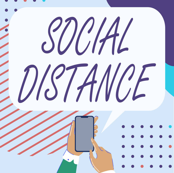 El yazısı sosyal mesafe mesajı. Mobil Çizim Paylaşımı Pozitif Yorumlar ve İyi Konuşma Baloncuğu Kişilerinin Genel Etkileşiminin İnternet Kavramı derecesi - Fotoğraf, Görsel
