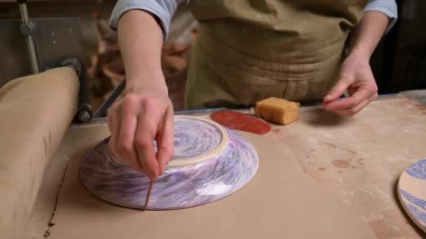 Keramikmeister arbeitet im Töpferatelier. Prozess der Plattenherstellung - Filmmaterial, Video