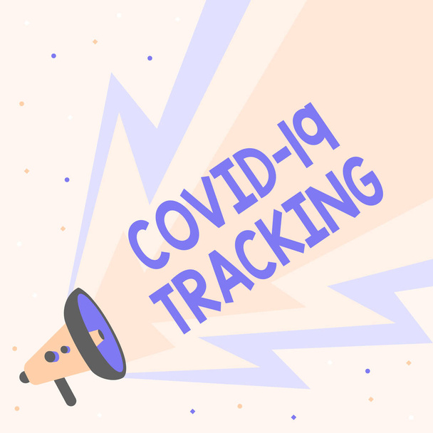 Covid 19 Tracking megjelenítése. Koncepció jelentése Megkülönböztető folyamat a lehetséges fertőzött egyének Illusztrációja Kézfogás Megafon a Sun Ray teszi bejelentés. - Fotó, kép