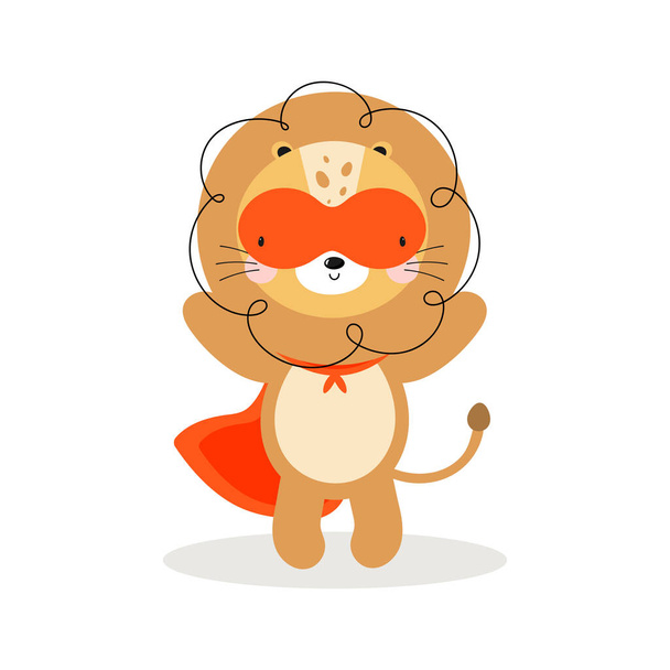 Cute Lion Superhero. Cartoon style. Vector illustration in white background. For kids stuff, card, posters, banners, children books and print for clothes, t shirts. - Vettoriali, immagini